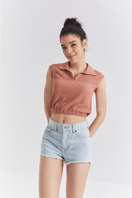 Cinnamon Polo Collar Elastic Waist Crinkle Fabric Women's Crop Top T-Shirt - 97223