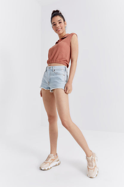 Cinnamon Polo Collar Elastic Waist Crinkle Fabric Women's Crop Top T-Shirt - 97223