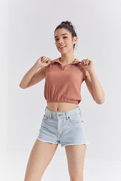 Cinnamon Polo Collar Elastic Waist Crinkle Fabric Women's Crop Top T-Shirt - 97223
