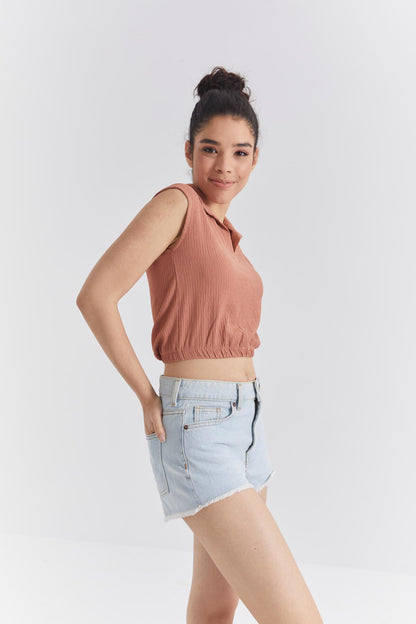 Cinnamon Polo Collar Elastic Waist Crinkle Fabric Women's Crop Top T-Shirt - 97223