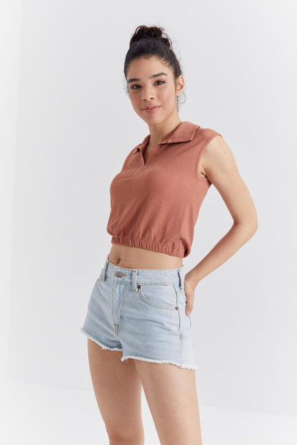 Cinnamon Polo Collar Elastic Waist Crinkle Fabric Women's Crop Top T-Shirt - 97223