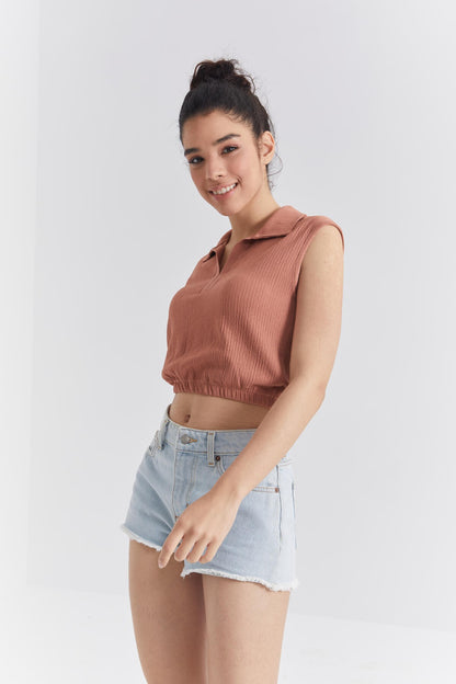 Cinnamon Polo Collar Elastic Waist Crinkle Fabric Women's Crop Top T-Shirt - 97223