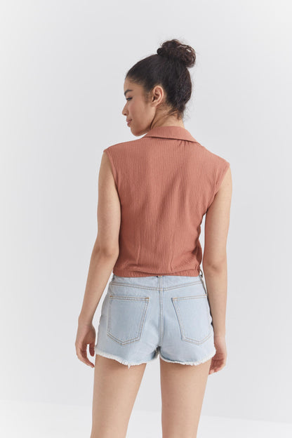 Cinnamon Polo Collar Elastic Waist Crinkle Fabric Women's Crop Top T-Shirt - 97223