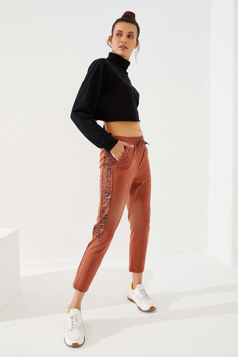 Cinnamon Sides Leopard Print Comfort Fit Slim Leg Women's Tracksuit Bottom - 94572
