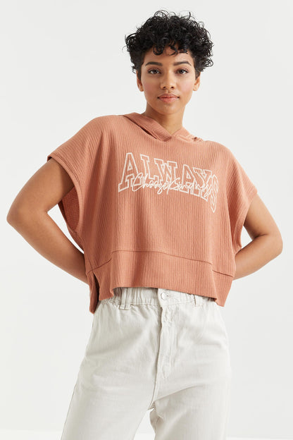 Cinnamon Print Hooded Oversize Crepe Fabric Women's Crop Top T-Shirt - 97229