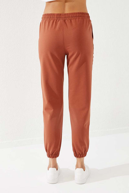 Cinnamon Print Embroidered Comfort Fit Elastic Cuff Women's Tracksuit Bottom - 94571