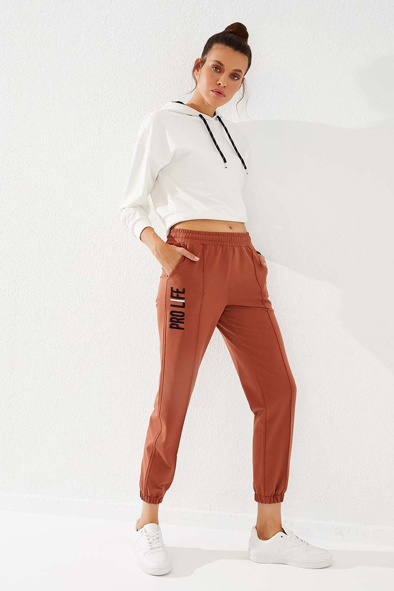 Cinnamon Print Embroidered Comfort Fit Elastic Cuff Women's Tracksuit Bottom - 94571