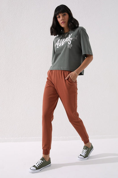 Cinnamon High Waist Jogger Comfort Fit Cuffed Women's Tracksuit Bottom - 94561
