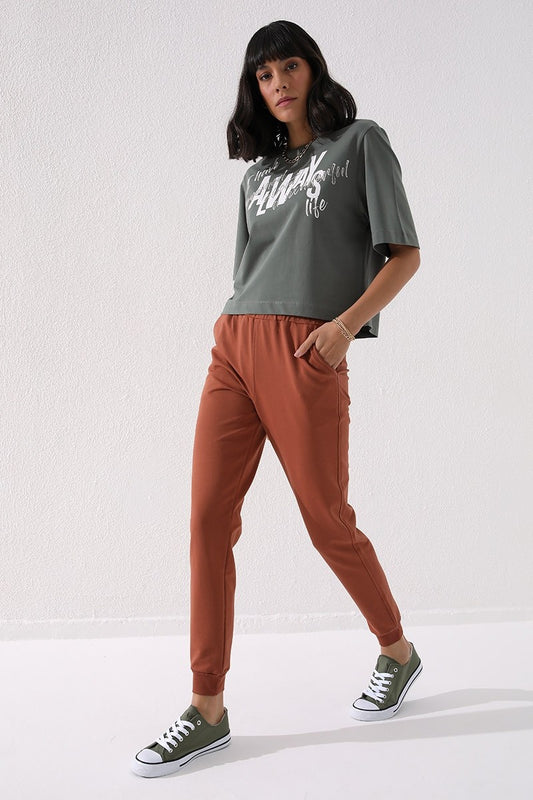 Cinnamon High Waist Jogger Comfort Fit Cuffed Women's Tracksuit Bottom - 94561