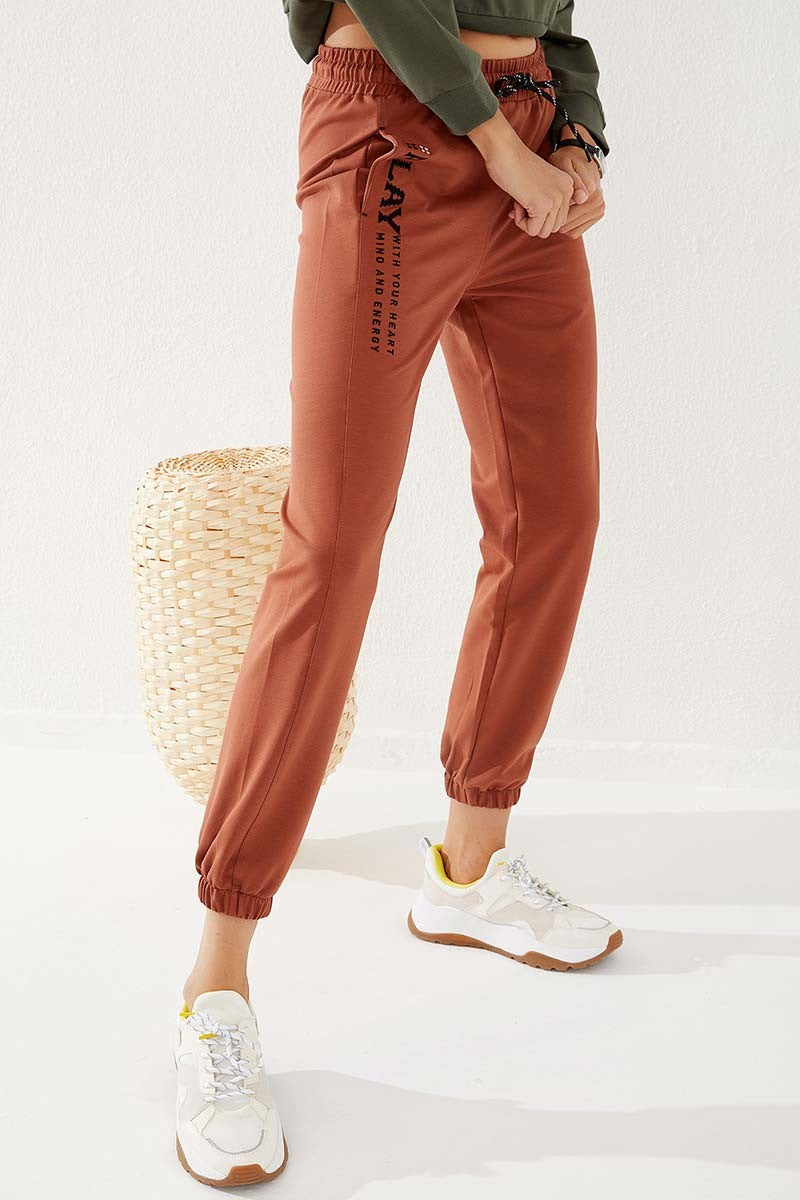 Cinnamon High Waist Embroidered Comfort Fit Elastic Ankle Women's Tracksuit Bottom - 94573