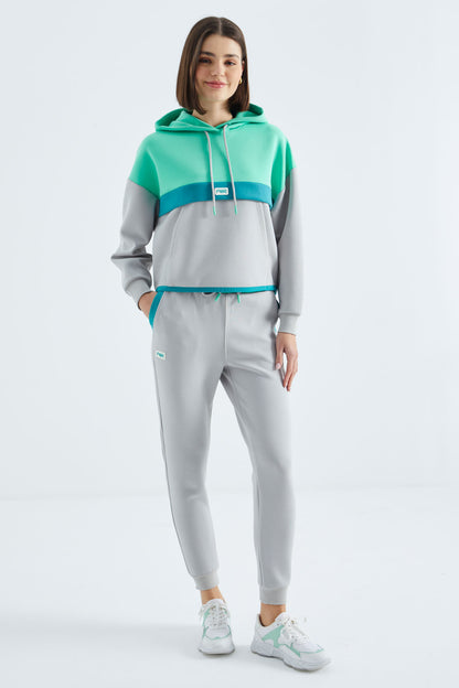 Stone Hooded Cotton Color Block Women's Tracksuit Set - 95327