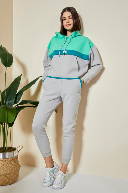 Stone Hooded Cotton Color Block Women's Tracksuit Set - 95327