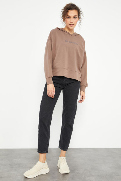 Embroidered Hooded Basic Women's Oversize Sweatshirt - 97164