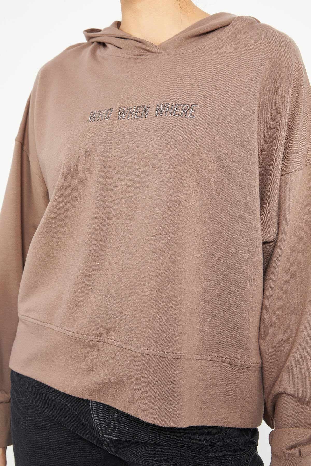 Embroidered Hooded Basic Women's Oversize Sweatshirt - 97164