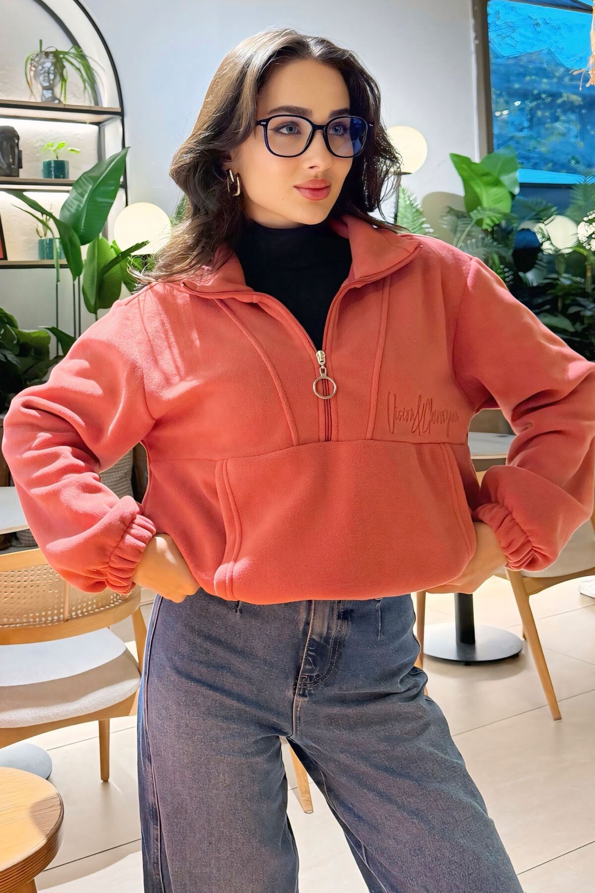 Wild Rose Half-Zip Skirt with Gathered Hem Women's Polar Oversize Sweatshirt - 97171