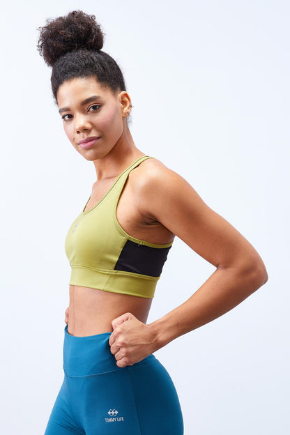 Olive Green Cross Back Detailed Slim Fit U Neck Padded Women's Sports Bra - 97121
