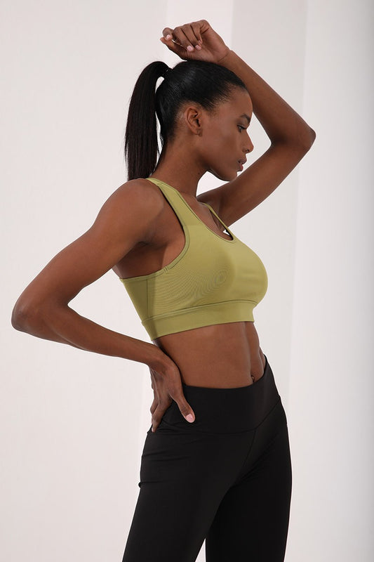 Olive Green Back Detailed Slim Fit U Collar Women's Sports Bustier - 97120