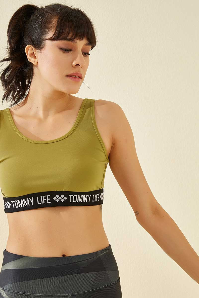 Oil Green Standard U Collar Women's Sports Bustier with Writing Strip - 97113