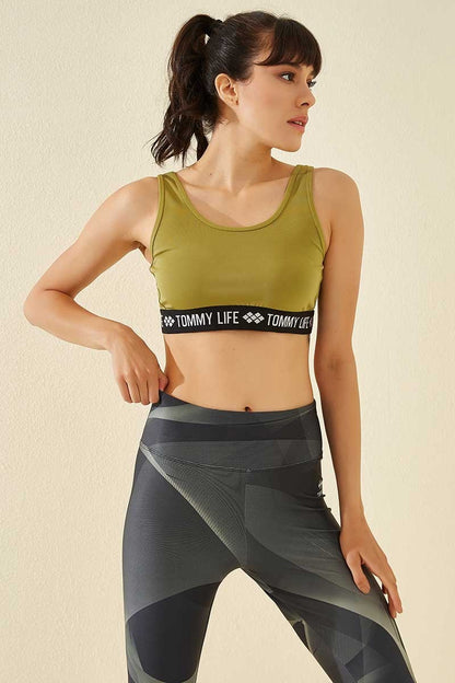 Oil Green Standard U Collar Women's Sports Bustier with Writing Strip - 97113