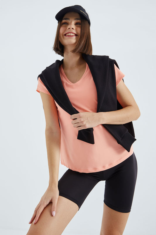 Basic Round Neck Short Sleeve Regular Fit V-Neck Women's T-Shirt - 97145