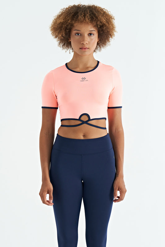 Neckline Tie-Waist Detailed O Collar Standard Cut Diver Fabric Women's Crop T-Shirt - 97266