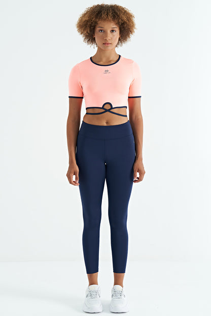 Neckline Tie-Waist Detailed O Collar Standard Cut Diver Fabric Women's Crop T-Shirt - 97266