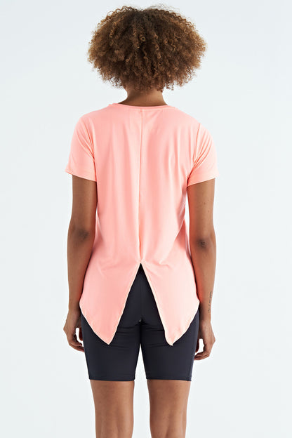 Neckline Back Slit Detailed O Collar Short Sleeve Standard Fit Women's T-Shirt - 97267