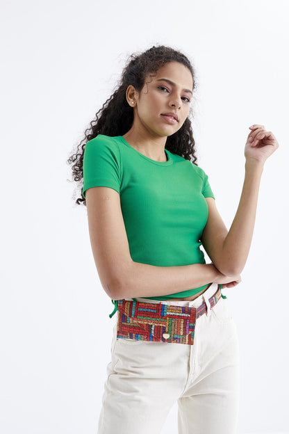 Green Basic Side Gathered O Collar Women's Crop Top T-Shirt - 97203