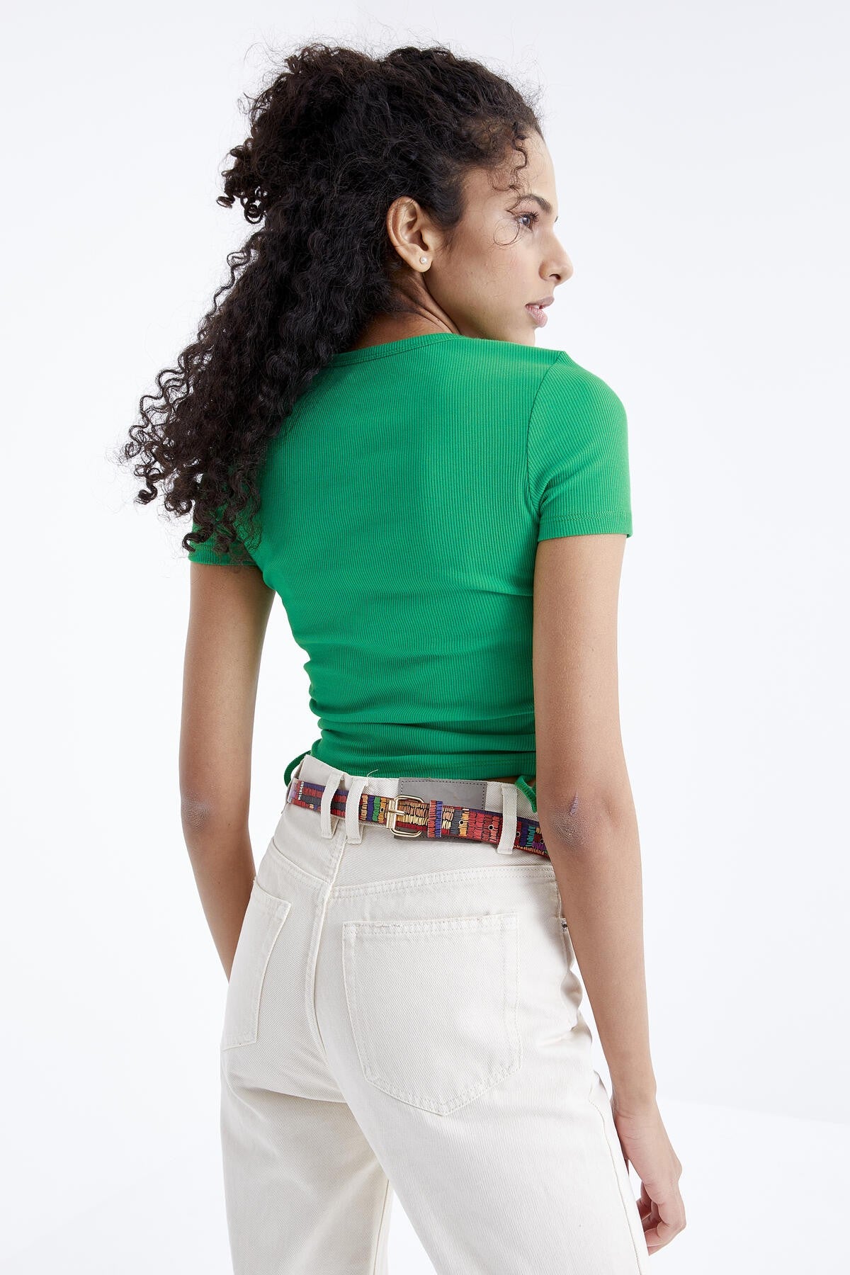 Green Basic Side Gathered O Collar Women's Crop Top T-Shirt - 97203