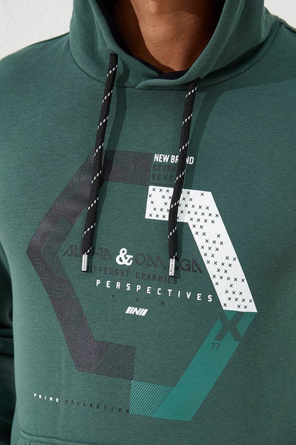 Green Geometric Print Standard Fit Men's Hooded Sweatshirt - 87870