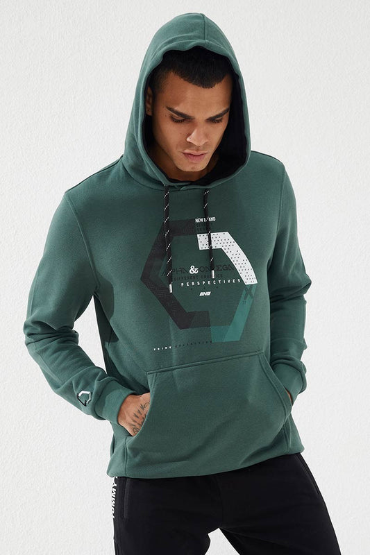 Green Geometric Print Standard Fit Men's Hooded Sweatshirt - 87870