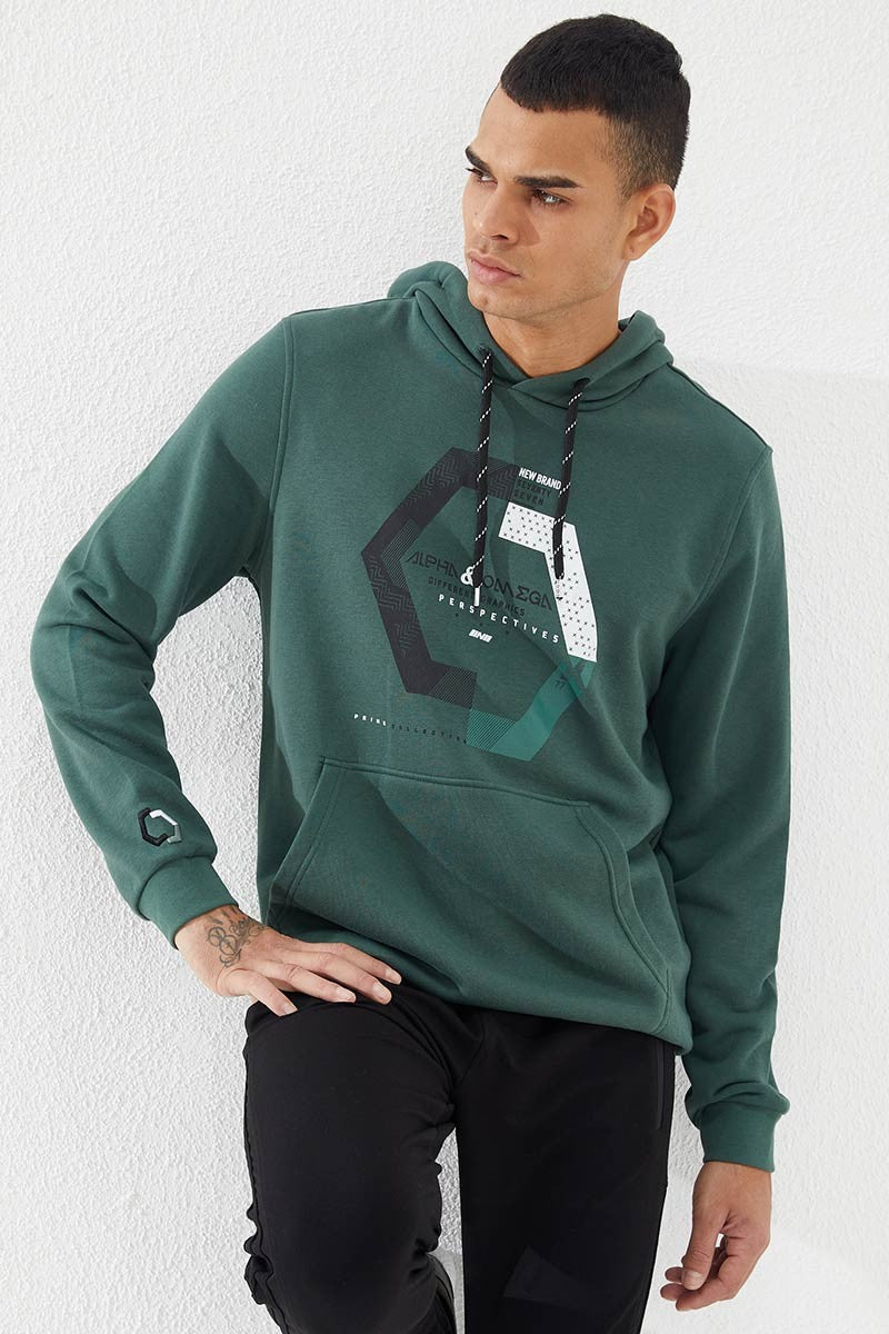 Green Geometric Print Standard Fit Men's Hooded Sweatshirt - 87870
