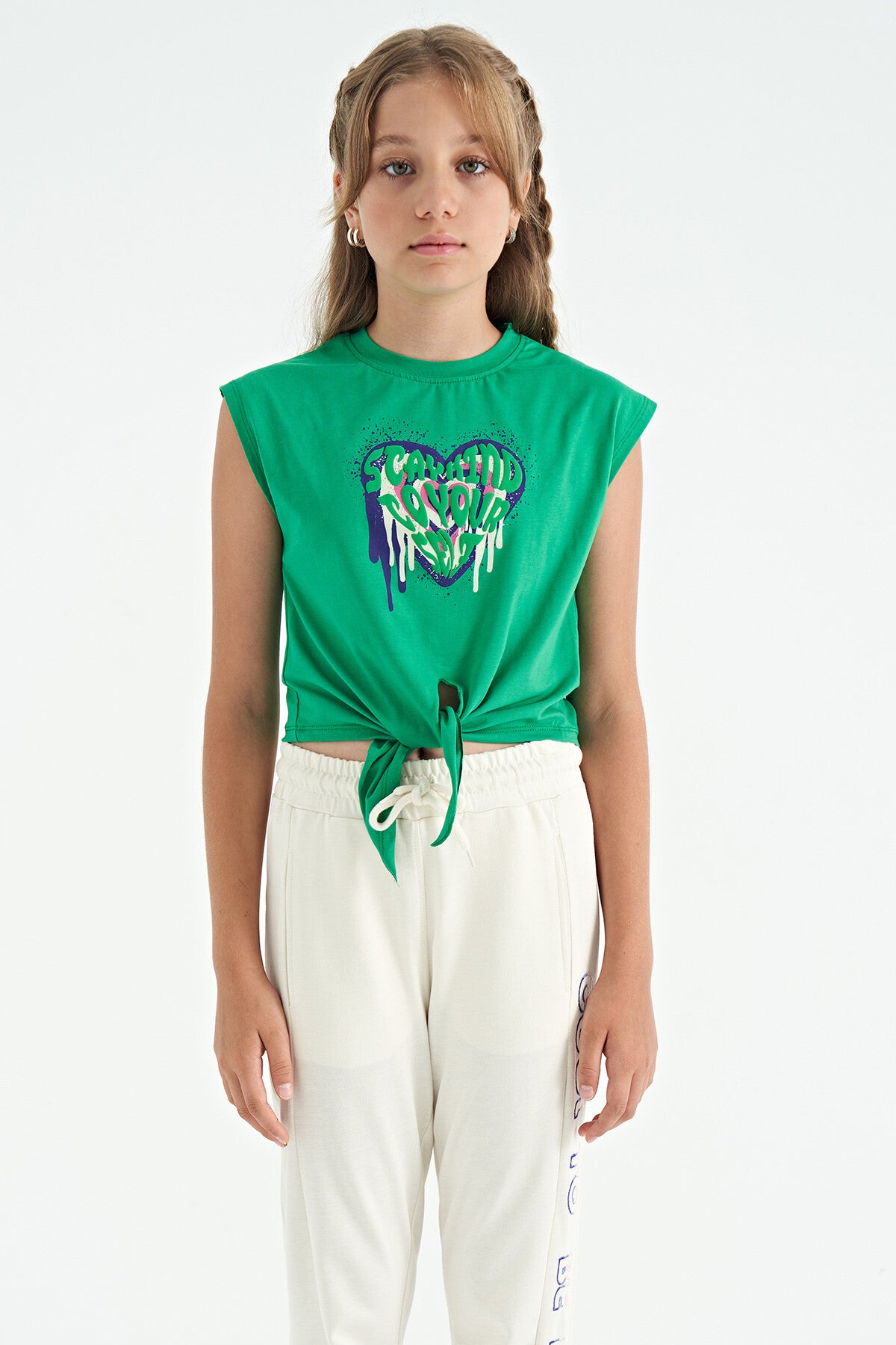 Green Heart Print Front Knot Detailed Comfortable Fit Girls T-Shirt - 75114