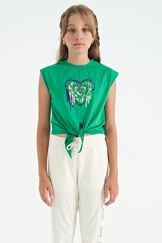 Green Heart Print Front Knot Detailed Comfortable Fit Girls T-Shirt - 75114