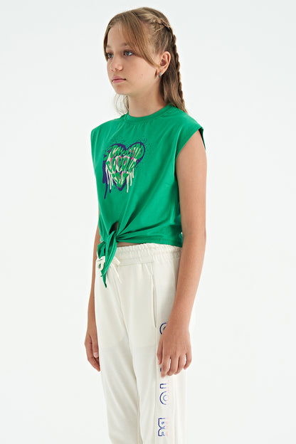 Green Heart Print Front Knot Detailed Comfortable Fit Girls T-Shirt - 75114