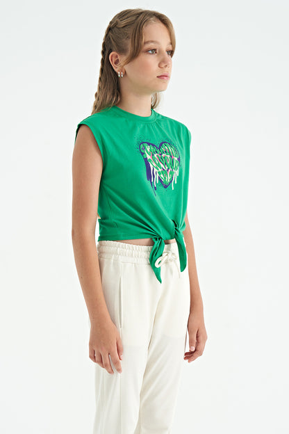 Green Heart Print Front Knot Detailed Comfortable Fit Girls T-Shirt - 75114