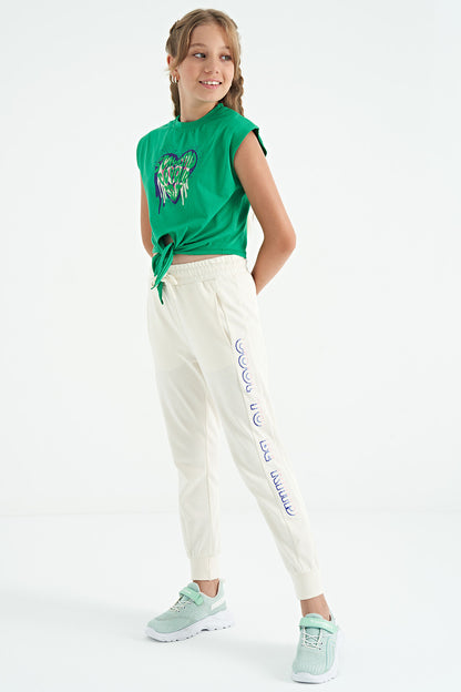 Green Heart Print Front Knot Detailed Comfortable Fit Girls T-Shirt - 75114