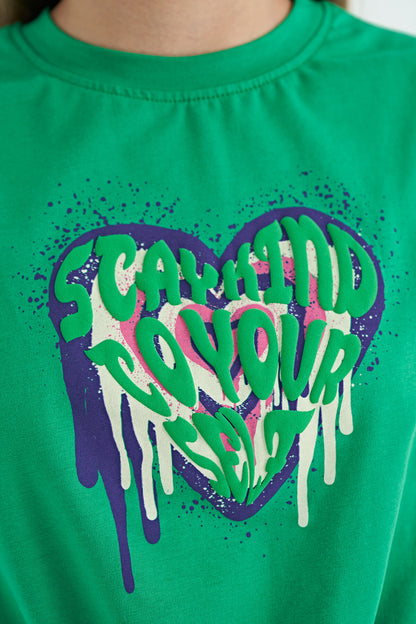 Green Heart Print Front Knot Detailed Comfortable Fit Girls T-Shirt - 75114