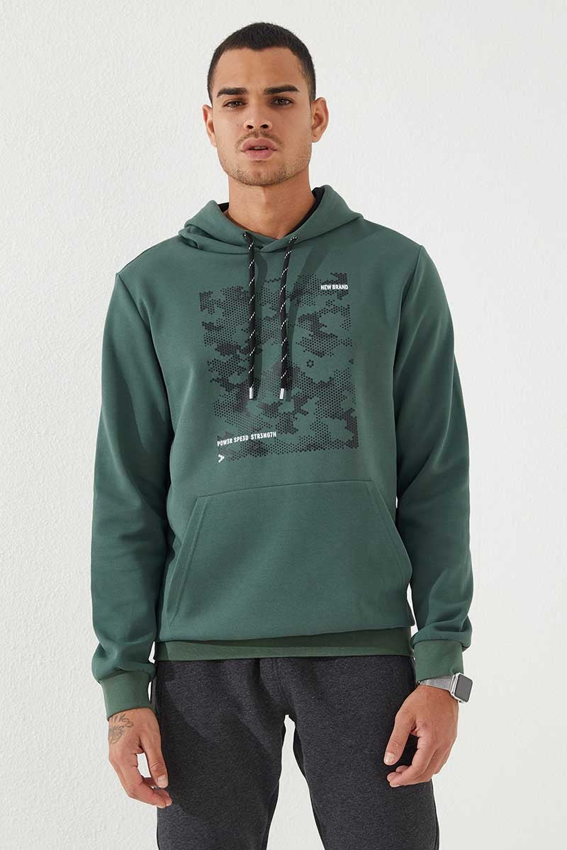 Green Camouflage Pattern Printed Standard Fit Men's Hooded Sweatshirt - 87884