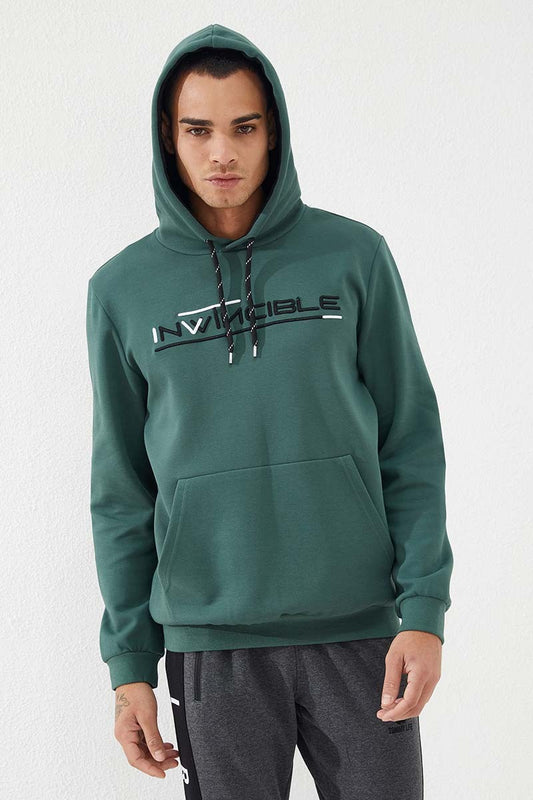 Green Kangaroo Pocket Standard Fit Hooded Men's Sweatshirt - 87883