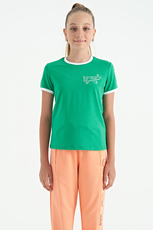 Green Minimal Print O Neck Comfort Fit Short Sleeve Girls T-Shirt - 75110