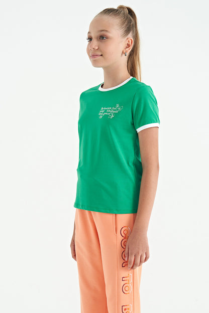 Green Minimal Print O Neck Comfort Fit Short Sleeve Girls T-Shirt - 75110