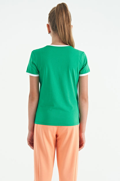 Green Minimal Print O Neck Comfort Fit Short Sleeve Girls T-Shirt - 75110