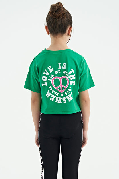 Green Printed Front and Back O Neck Low Shoulder Oversize Short Sleeve Girls' T-Shirt - 75126