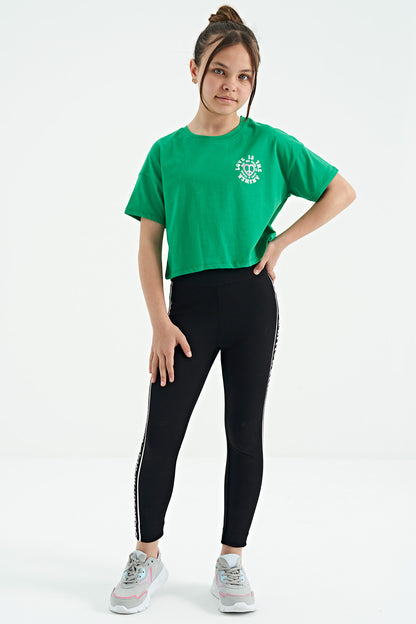 Green Printed Front and Back O Neck Low Shoulder Oversize Short Sleeve Girls' T-Shirt - 75126
