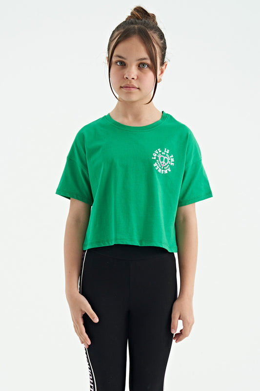 Green Printed Front and Back O Neck Low Shoulder Oversize Short Sleeve Girls' T-Shirt - 75126
