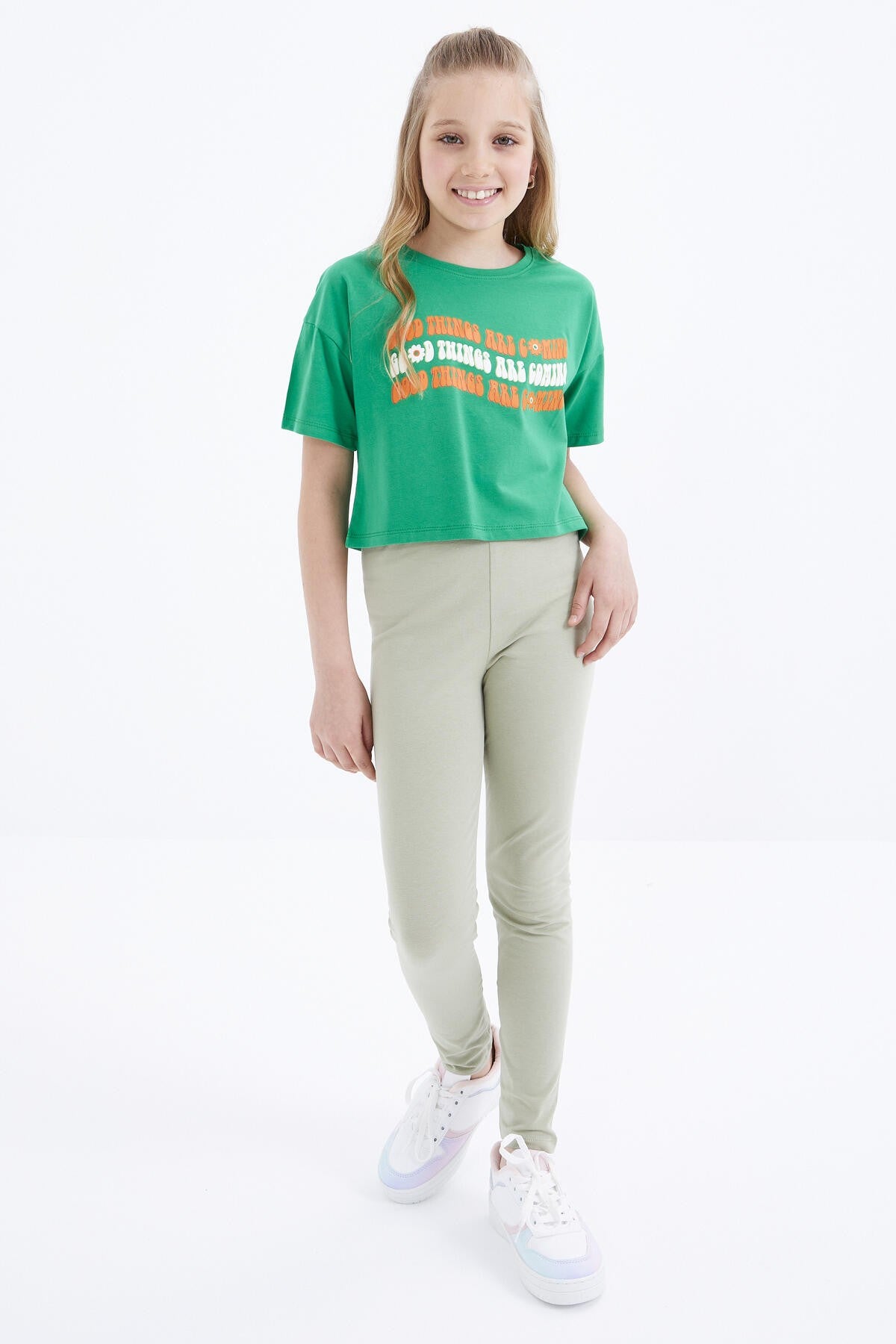 Green Oversize Colorful Print Drop Shoulder O Collar Girls Crop T-Shirt - 75038