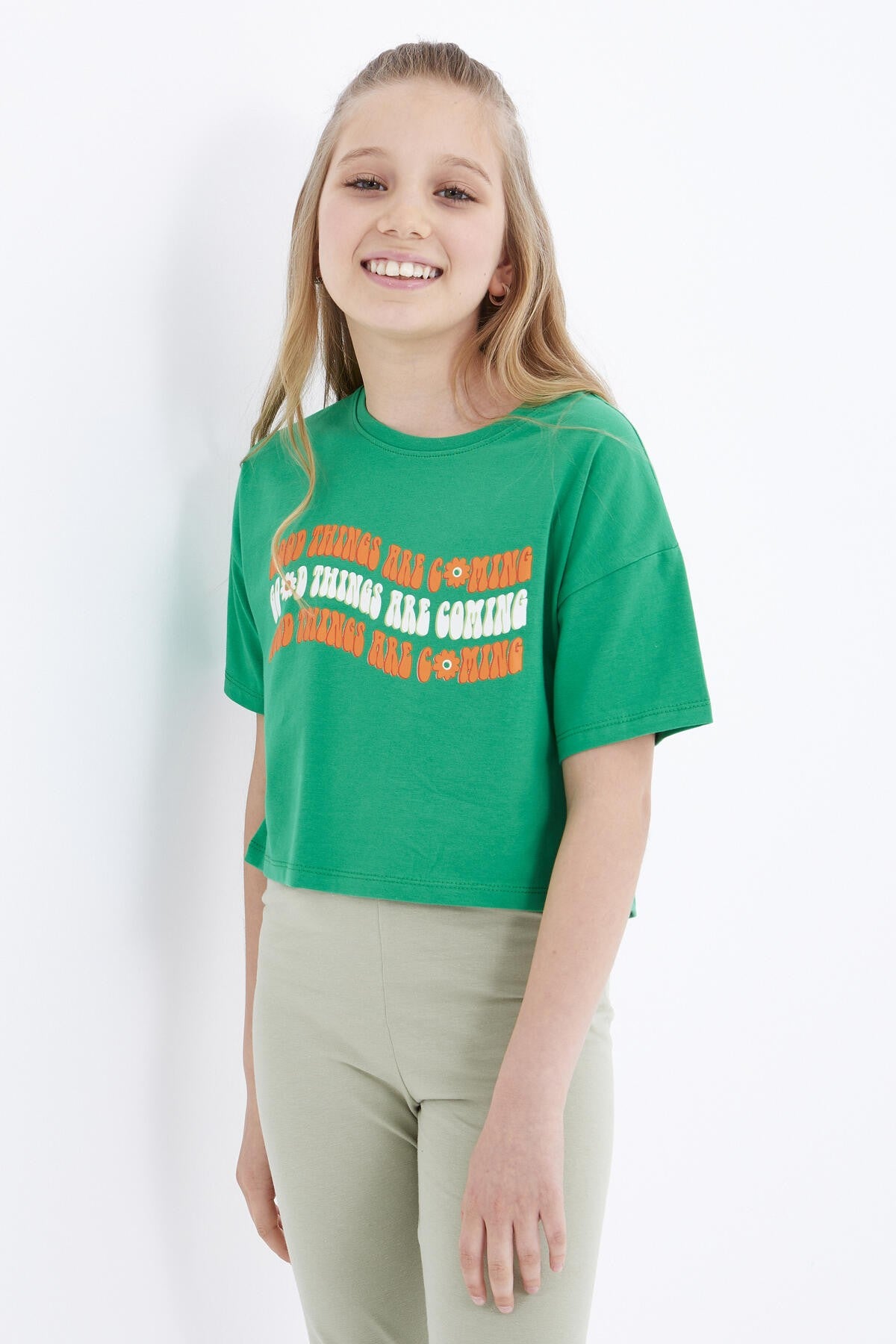 Green Oversize Colorful Print Drop Shoulder O Collar Girls Crop T-Shirt - 75038