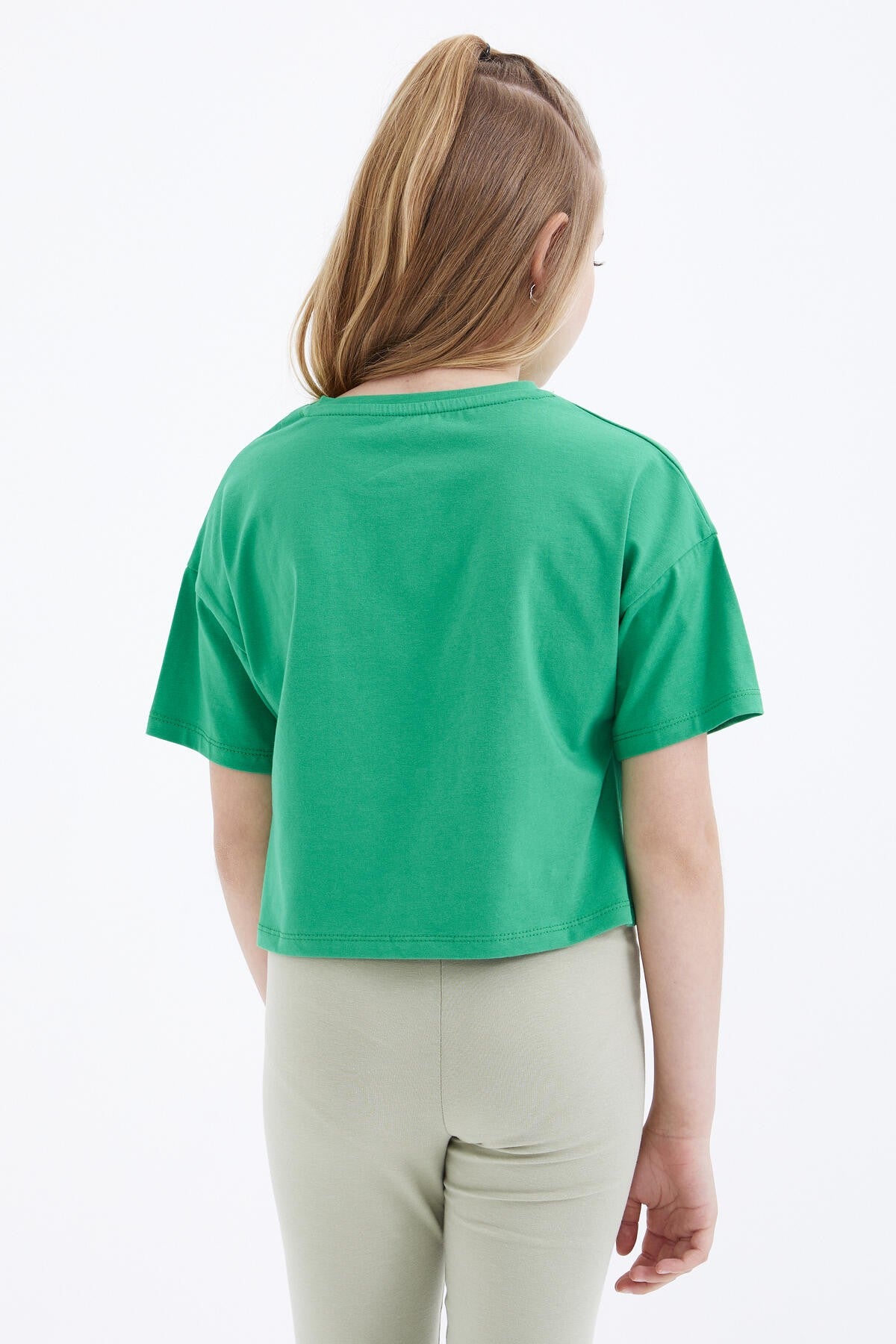 Green Oversize Colorful Print Drop Shoulder O Collar Girls Crop T-Shirt - 75038