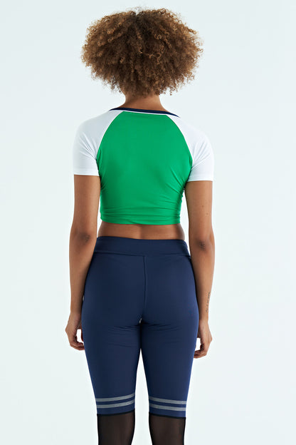 Green Color Block Logo Printed O Neck Slim Fit Women's Crop T-Shirt - 97270